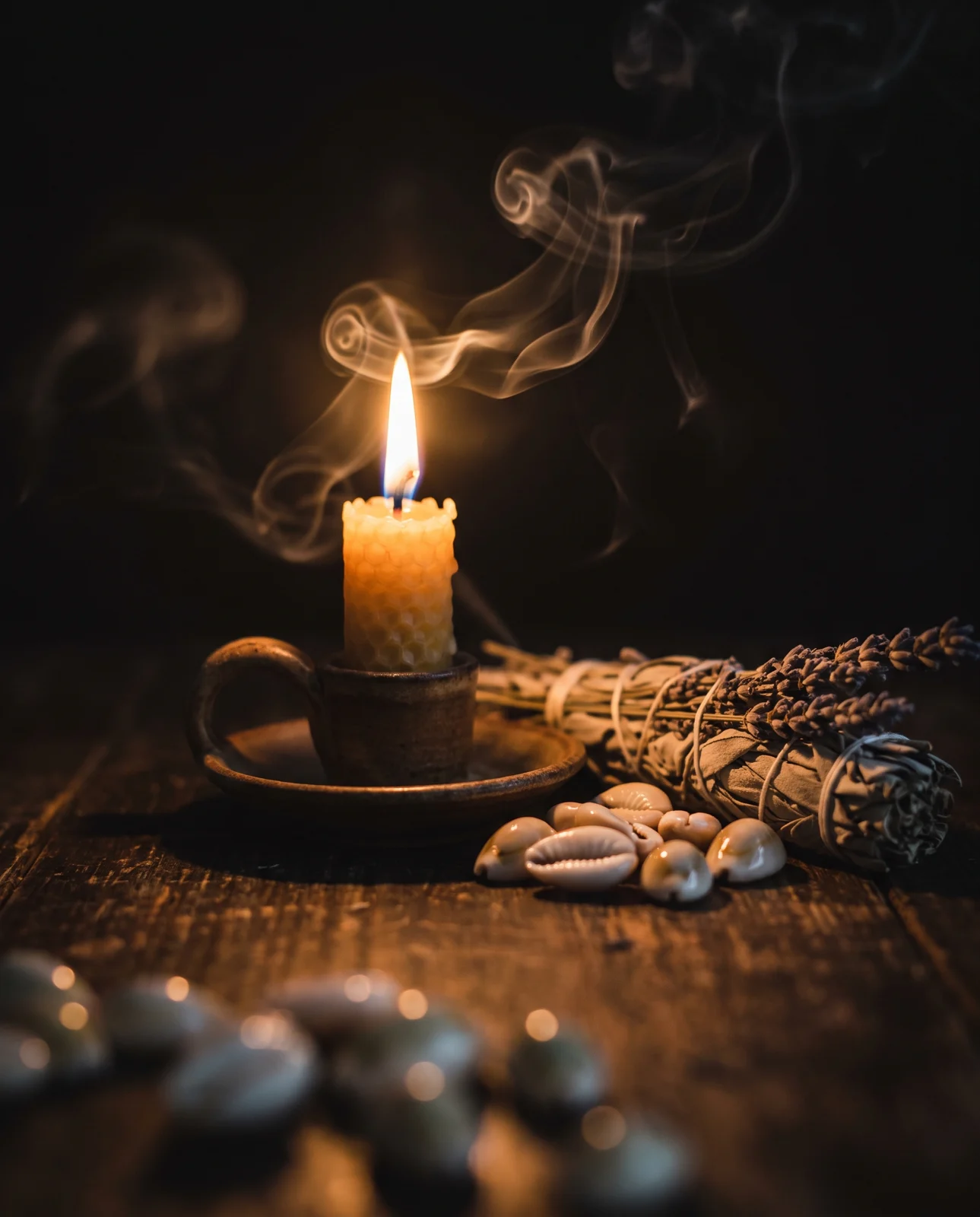 A candle, incense and traditional beads on a wooden table
